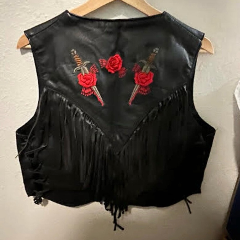 Park V Black Leather Fringe Vest Rose Dagger Embroidery Western Biker Women M - Picture 3 of 13